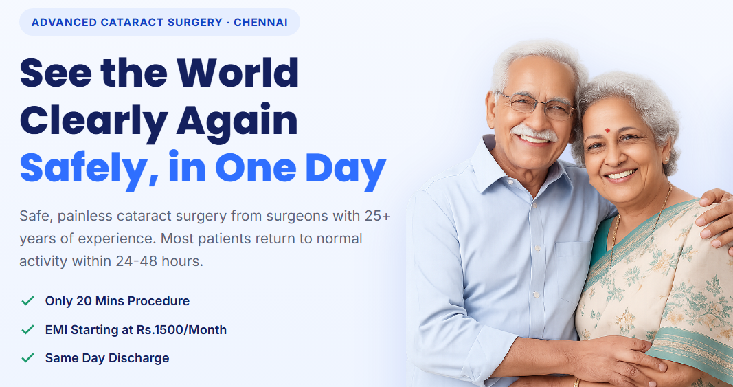 Advanced Cataract Surgery, Chennai - See the World Clearly Again Safely, in One Day. Only 20 Mins Procedure, EMI Starting at Rs.1500/Month, Same Day Discharge.